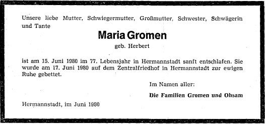 Herbert Maria 1903-1980 Todesanzeige